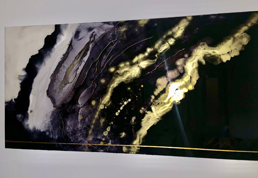 SOLD  36"x48" (91.5cm x 122 cm)  Layered pure 24k gold, ink, mounted on metal.     Modern art with abstract inspiration and a personal flare. Majesty is a contemporary, bold, and stunning work of abstract art.
