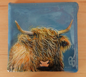 Three 3"x3" highland cows with a resin coating.  One-of-a-kind, no prints or replications will ever been made. I had a lot of fun crafting these unique animal portraits!   $275 for all 3 or $100 each.  Email brhoadsart@gmail.com to order individually.