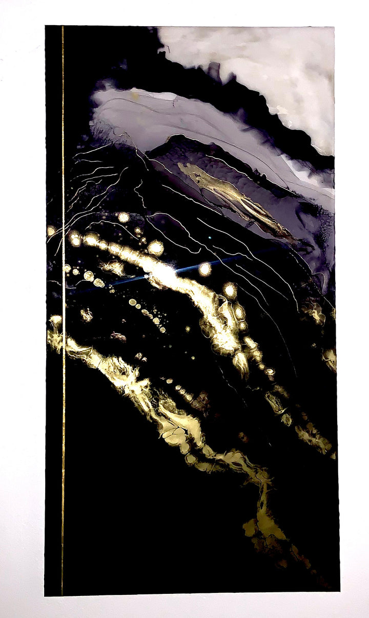 SOLD  36"x48" (91.5cm x 122 cm)  Layered pure 24k gold, ink, mounted on metal.     Modern art with abstract inspiration and a personal flare. Majesty is a contemporary, bold, and stunning work of abstract art.