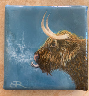Three 3"x3" highland cows with a resin coating.  One-of-a-kind, no prints or replications will ever been made. I had a lot of fun crafting these unique animal portraits!   $275 for all 3 or $100 each.  Email brhoadsart@gmail.com to order individually.